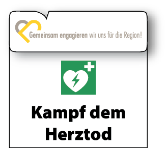 Grafik mit Symbol für einen Defibrilator: Grünes Quadrat mit weißem Herz, auf dem ein grüner Blitz abgebildet ist.